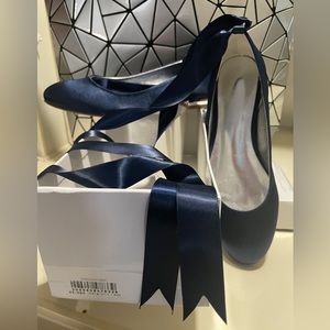 Navy blue satin ballet flats with ribbon ankle tie